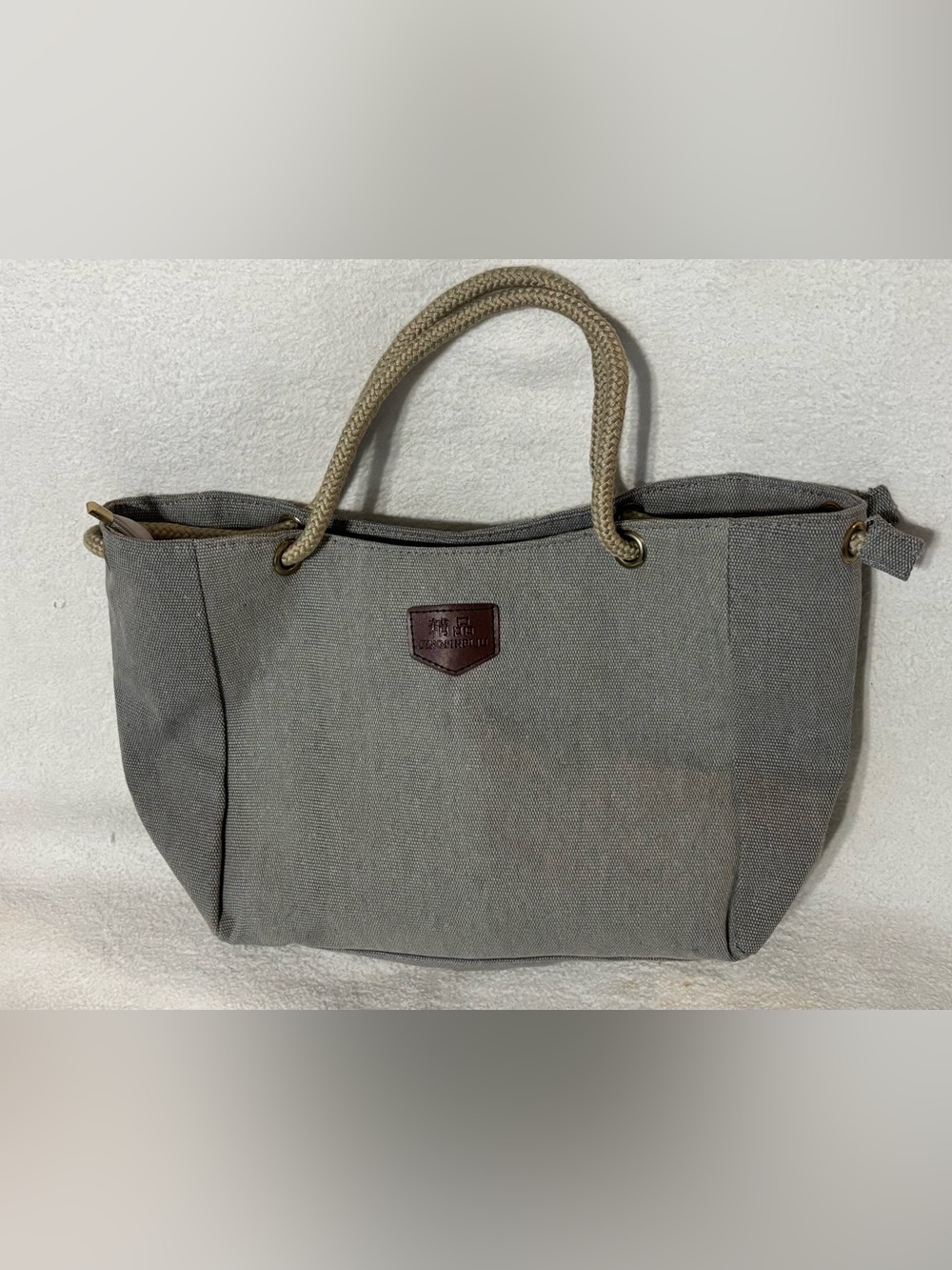 Gray Canvas Tote with Rope Handles and Leather Logo Patch